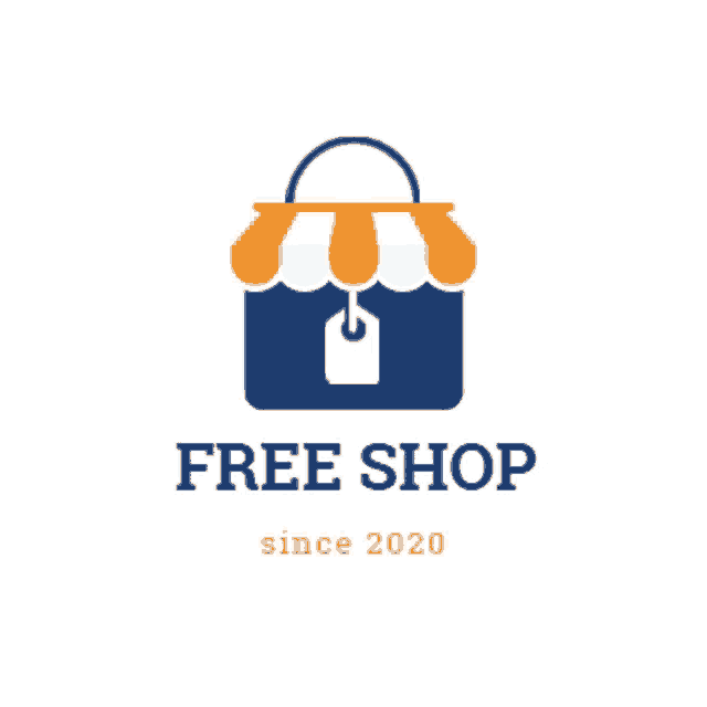a logo for a free shop since 2020 with a blue shopping bag