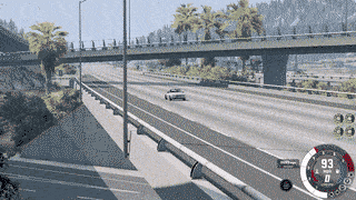 a computer generated image of a highway with a speedometer showing 93 miles per hour