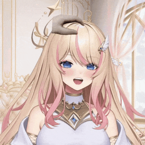a girl with long blonde hair and blue eyes is wearing a white top