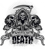 a grim reaper with a scythe is surrounded by skulls and a banner .