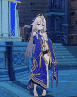 a girl in a blue and gold outfit is standing in front of a building .