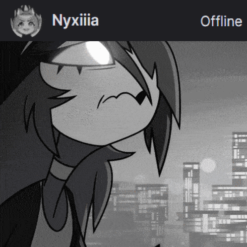 a black and white image of a cartoon character with the name nyxiiia on the top