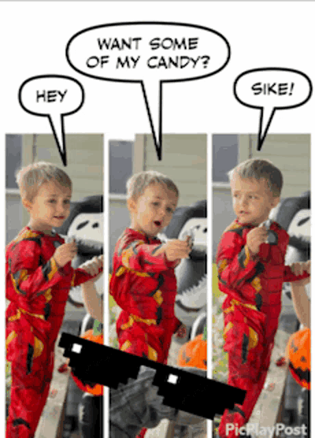 a little boy in a red outfit is holding a key and asking if he wants some candy