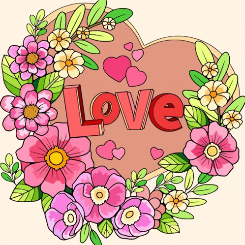 a heart with the word love surrounded by pink flowers and hearts