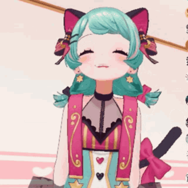 a girl with green hair and cat ears is smiling with her eyes closed .