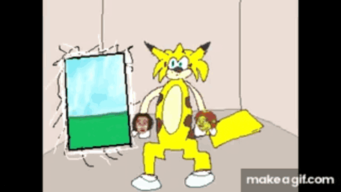 a cartoon drawing of a yellow fox standing in front of a mirror