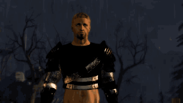 a man with a beard wearing a black shirt and armor stands in the rain