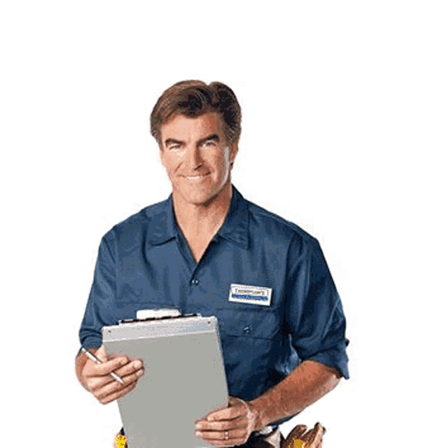 a man in a blue shirt is working on an air conditioner with a multimeter
