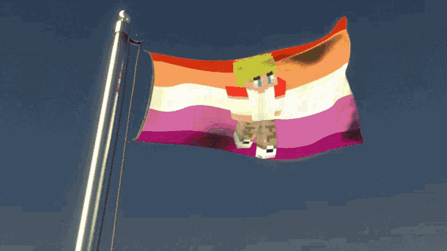 a minecraft character is flying a lesbian flag