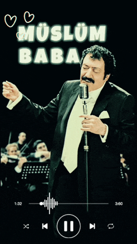 a man in a tuxedo singing into a microphone with muslum baba written on the bottom