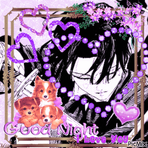 a picture of a man surrounded by hearts and purple beads with the words good night i love you