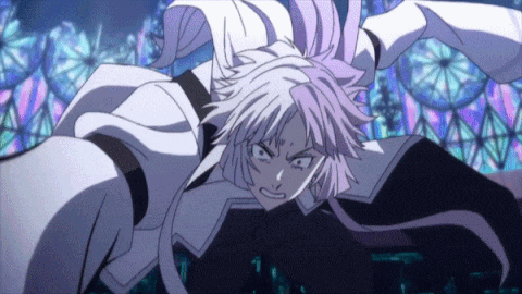 a cartoon character with purple hair and a white jacket