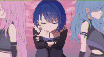 a girl with blue hair is kneeling down with her hands folded