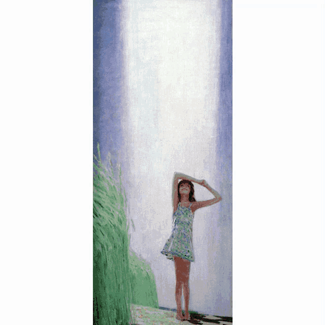a painting of a woman in a dress standing under a rainbow