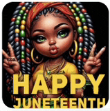 a girl with braids is giving a peace sign and the words `` happy juneteenth '' .