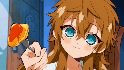 a girl with brown hair and blue eyes is holding a piece of food