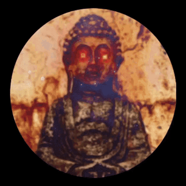 a painting of a buddha with red eyes