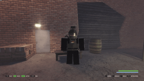 a screenshot of a video game shows a character standing in front of a brick wall and barrels
