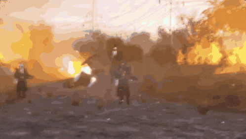 a blurry picture of a man riding a horse in front of a large fire