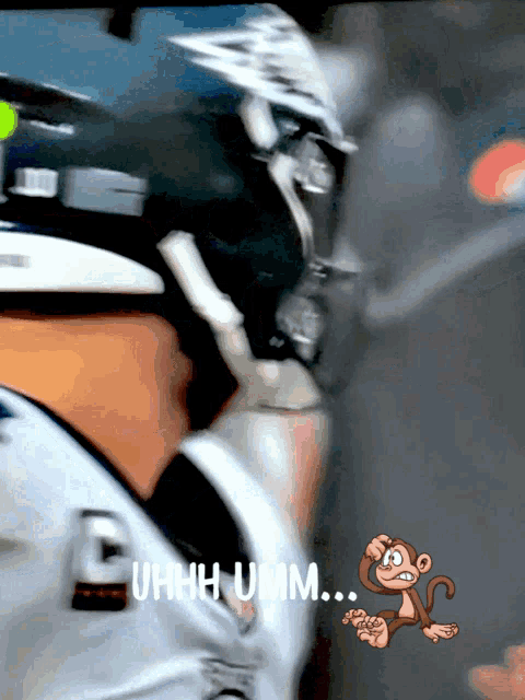 a close up of a person wearing a helmet with the words uhhh umm on the bottom