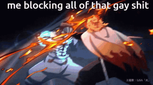 two anime characters are fighting with the words me blocking all of that gay shit
