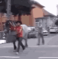 a man in a red shirt is carrying a horse on his back across a street .