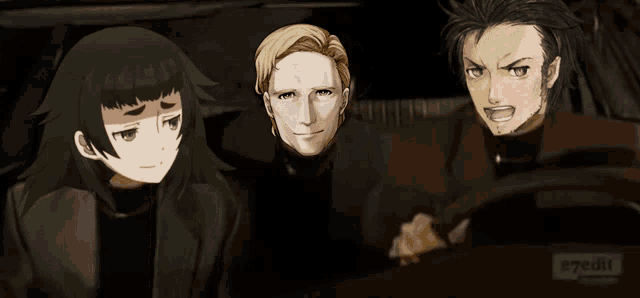 three anime characters are sitting in a car with e7edit written on the back of the car