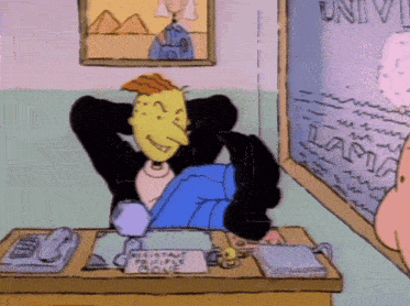 a cartoon of a man sitting at a desk with a sign that says assistant principle bone