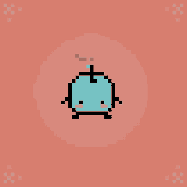 a pixel art drawing of a blue object with red eyes and a smoke coming out of it