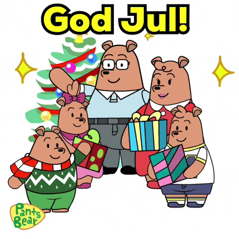 a cartoon of a family of bears holding christmas presents with the words god jul written above them