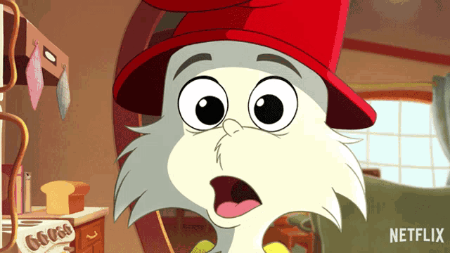 a cartoon cat wearing a red hat and a netflix logo