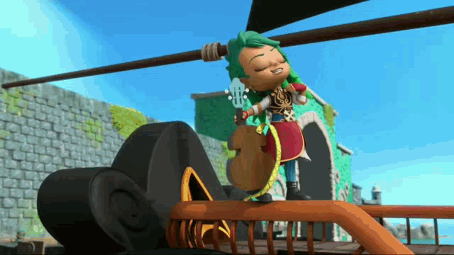a cartoon character with green hair is holding a guitar and a sword