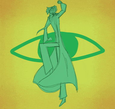 a drawing of a person in a green coat with a large green eye behind them