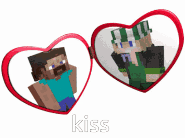 a picture of two minecraft characters in a heart shaped frame with the word kiss below them