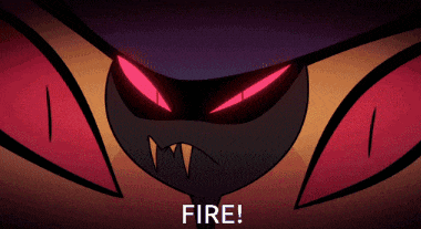 a close up of a cartoon character 's face with red eyes and the words fire