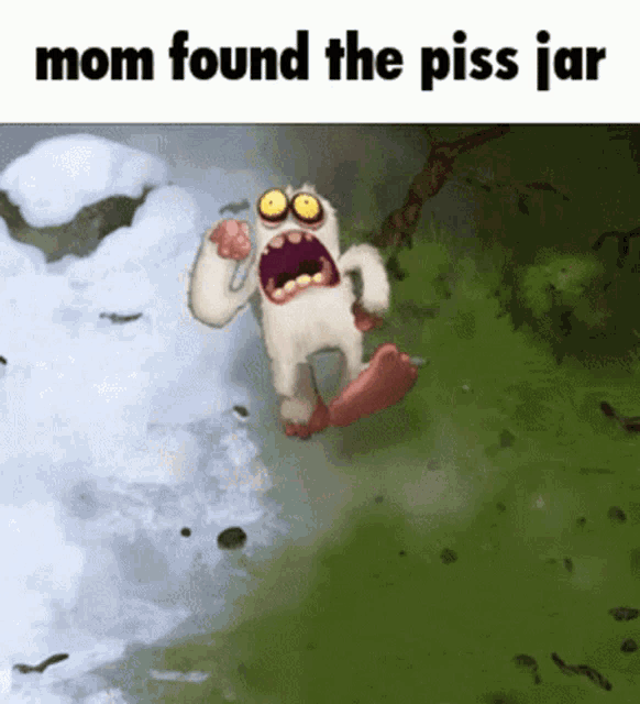 a cartoon of a yeti with the words mom found the piss jar above it