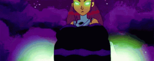 a cartoon character with green eyes is standing in a dark room with a purple background .