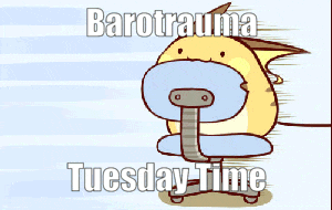a cartoon drawing of a chair with the words barotrauma tuesday time below it