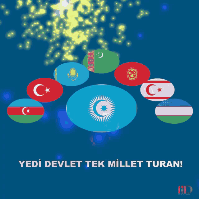 a blue background with a bunch of flags and the words yedi devlet tek millet turan