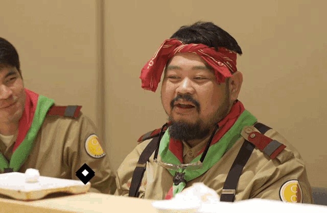 a man with a bandana on his head has the number 8 on his chest