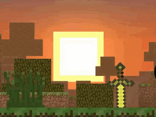 a video game scene with a sword in the foreground and a sunset in the background