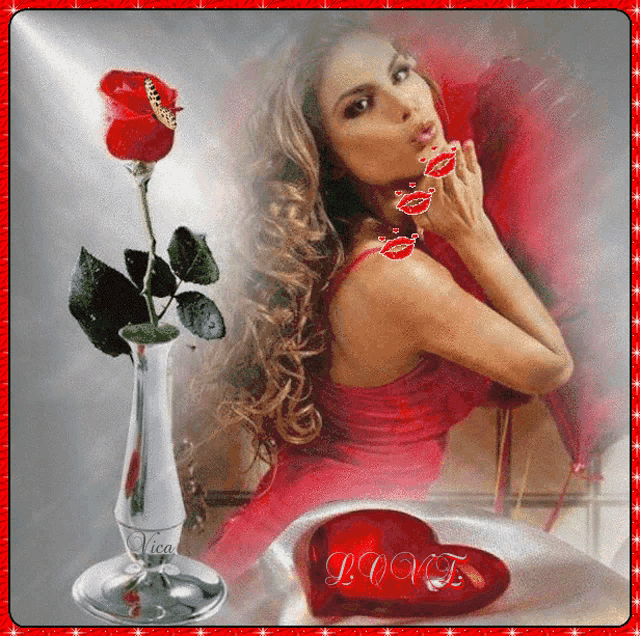 a woman blowing kisses next to a red rose and a red heart that says love