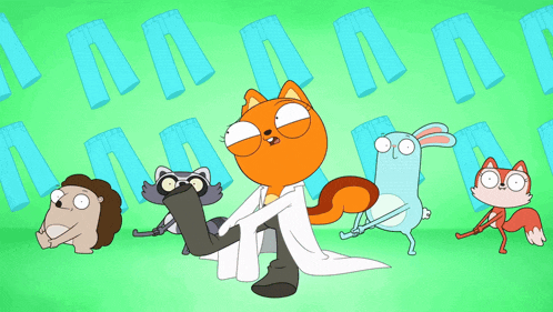 a group of cartoon characters are standing next to each other
