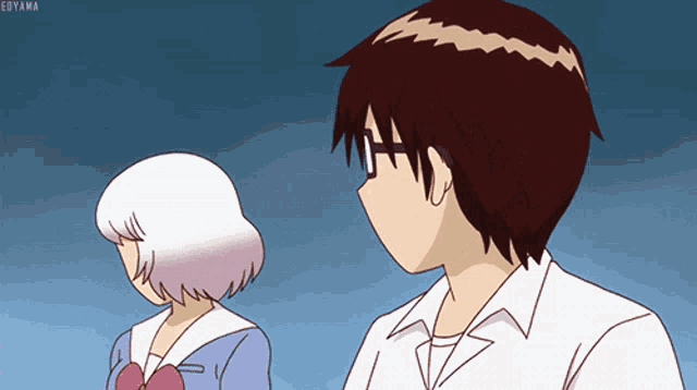 a boy and a girl are standing next to each other in a cartoon with edyama written on the bottom right