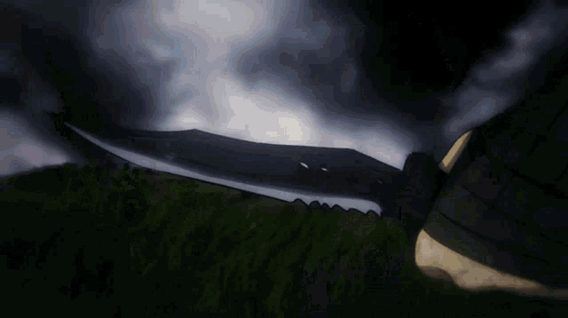 a person is holding a large knife in a field