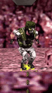 a video game character wearing a gas mask is dancing