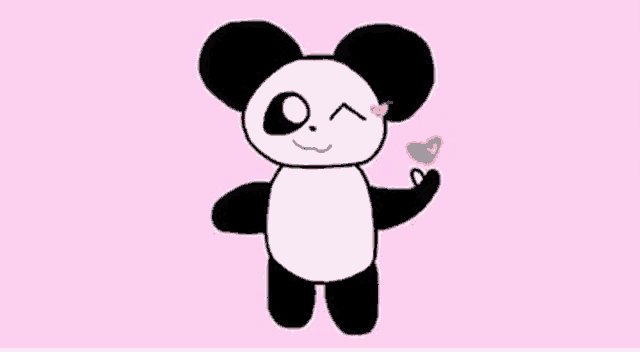 a cartoon panda bear is holding a heart in its hand on a pink background .