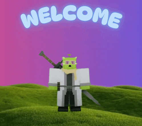 a cartoon character holding a sword with the words welcome above him