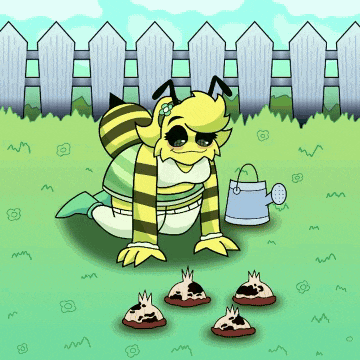 a cartoon of a bee with a watering can next to her