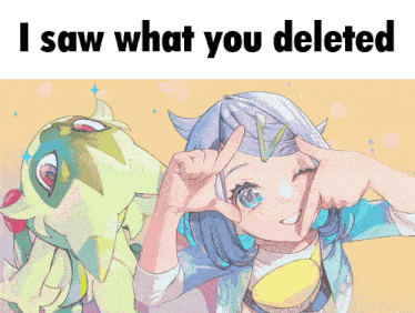 a picture of a girl making a peace sign with the words " i saw what you deleted "